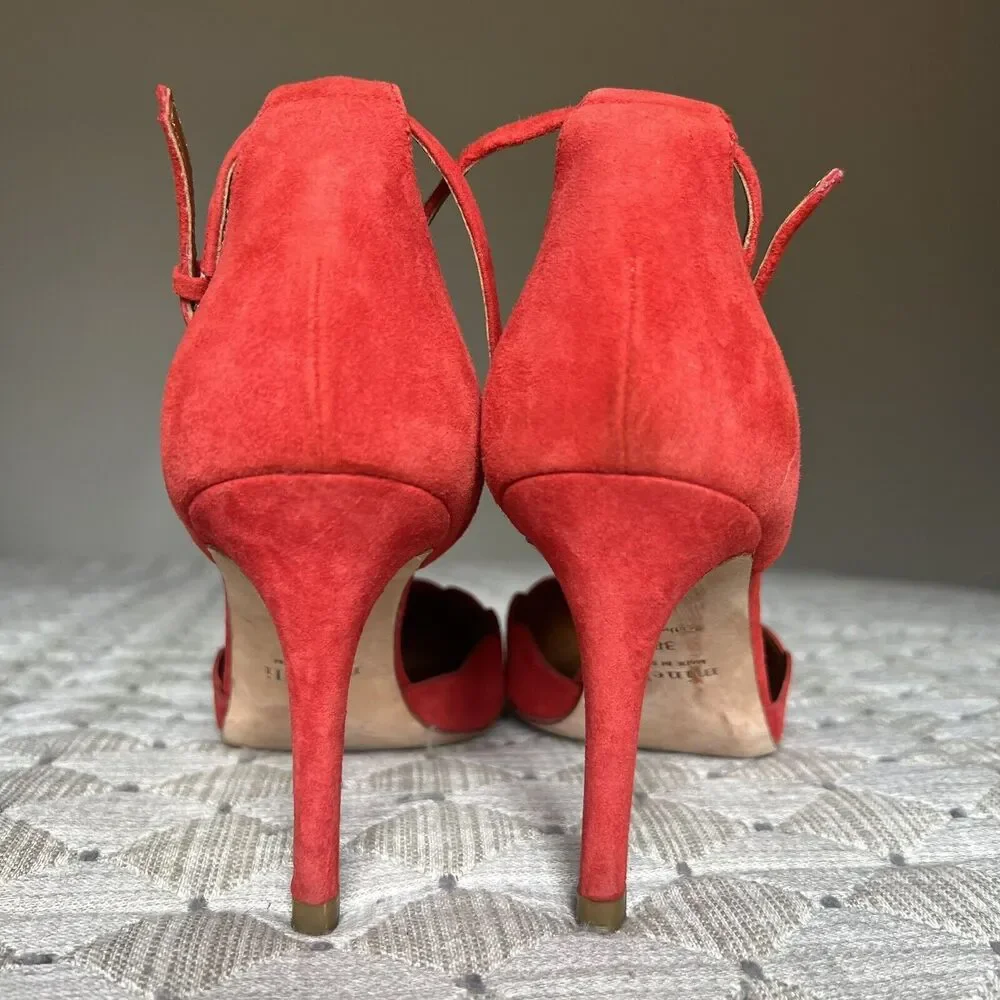 Minelli Spain Red Suede Scalloped Edge Pump Heel Ankle Strap Women EU 38 US‎ 7.5